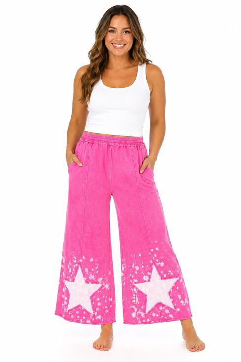 BiBi Pants - Bibi 1X Pink Mineral Wash Wide Leg Lounge Pants Star Applique Bleach Splatter